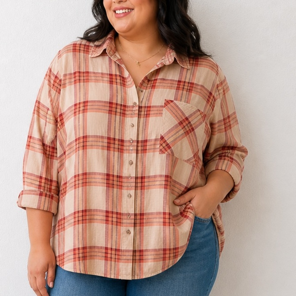 torrid Cotton blend Beige and Rust Plaid Button-Up‎ Top 4X